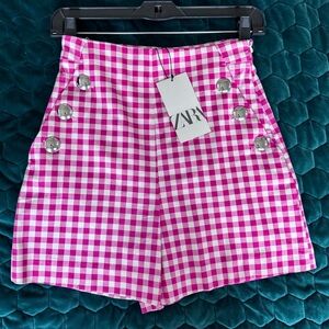 Zara Pink and White High-waist Gingham Shorts